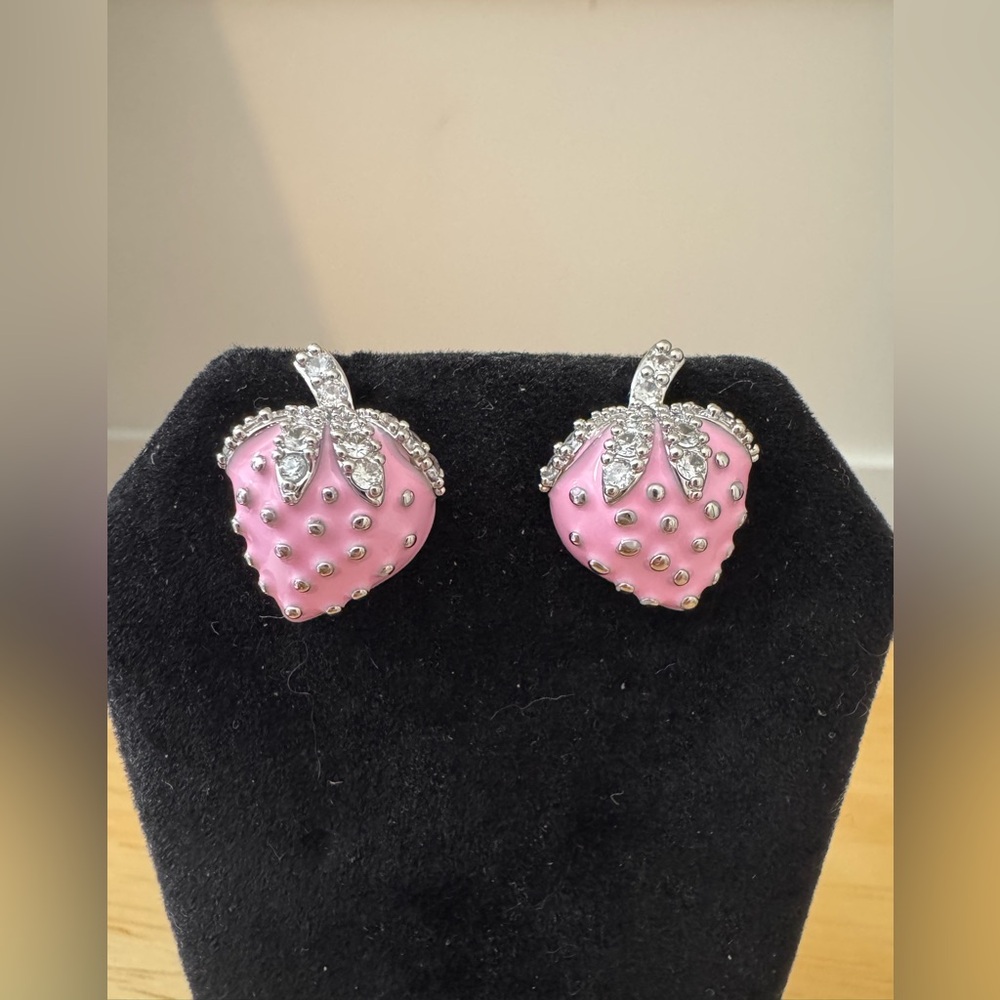 Dainty Pink Strawberry Earrings with Silver Accents